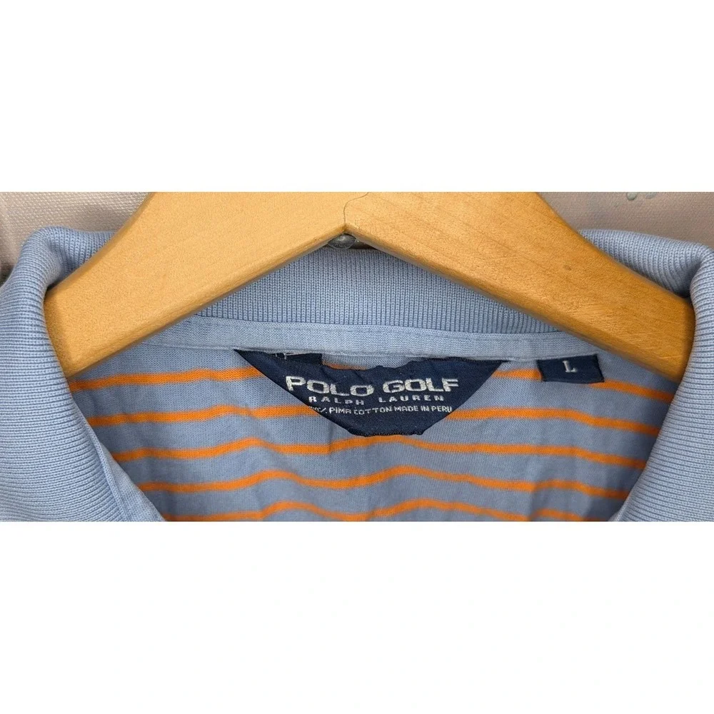 Vintage Polo Shirt Golf Ralph Lauren Mens Striped Blue & Orange Size L Cotton